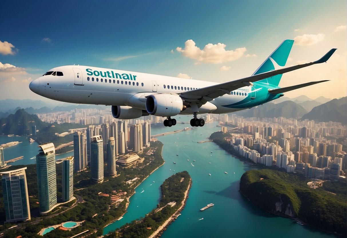 A vibrant airplane flying over iconic Southeast Asian landmarks, with "Exclusive Deals on Southeast Asia Flights" and "Silkair promotions Singapore" displayed prominently