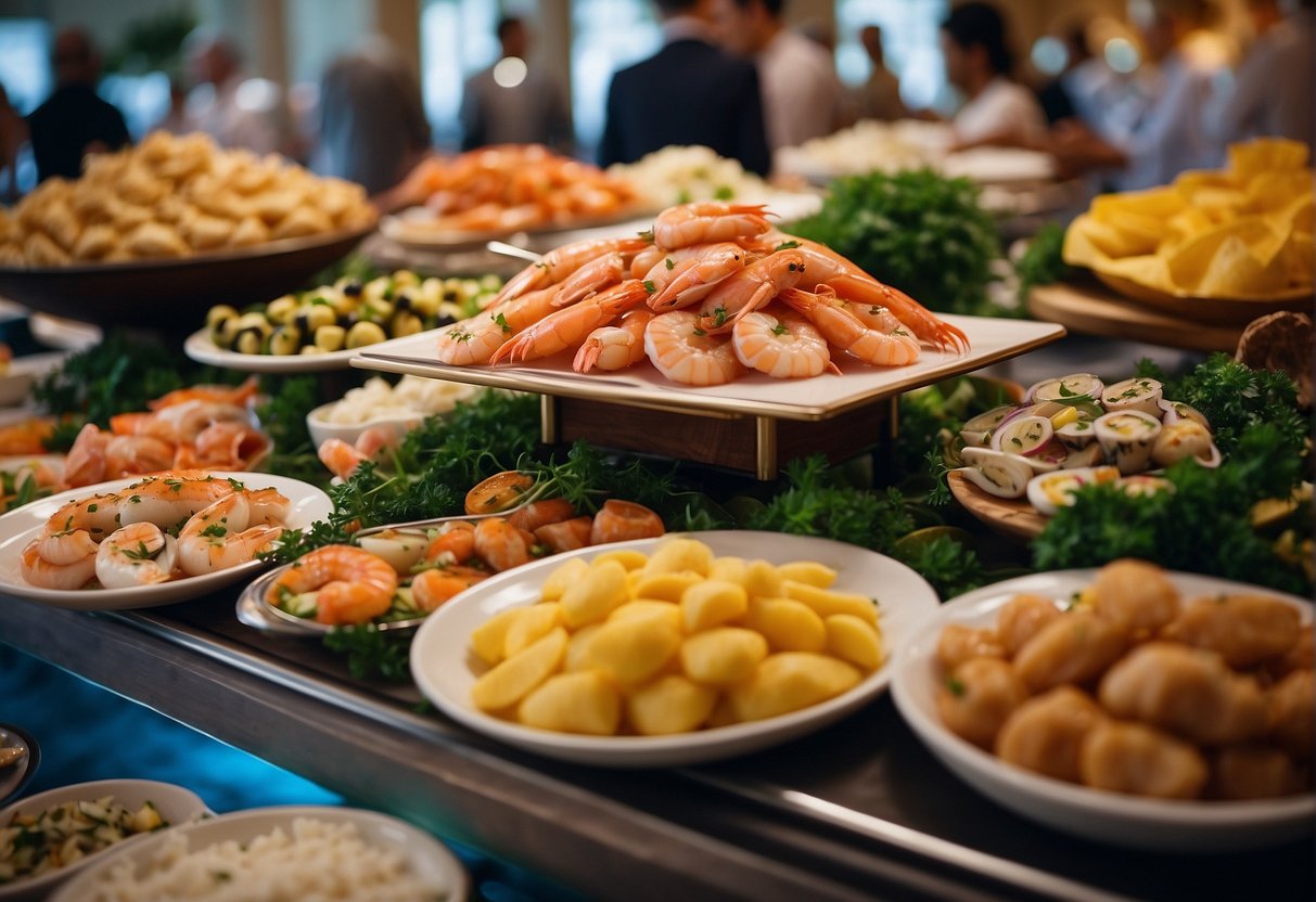 A lavish display of fresh seafood spread across a grand buffet table, adorned with colorful signage promoting the delectable offerings