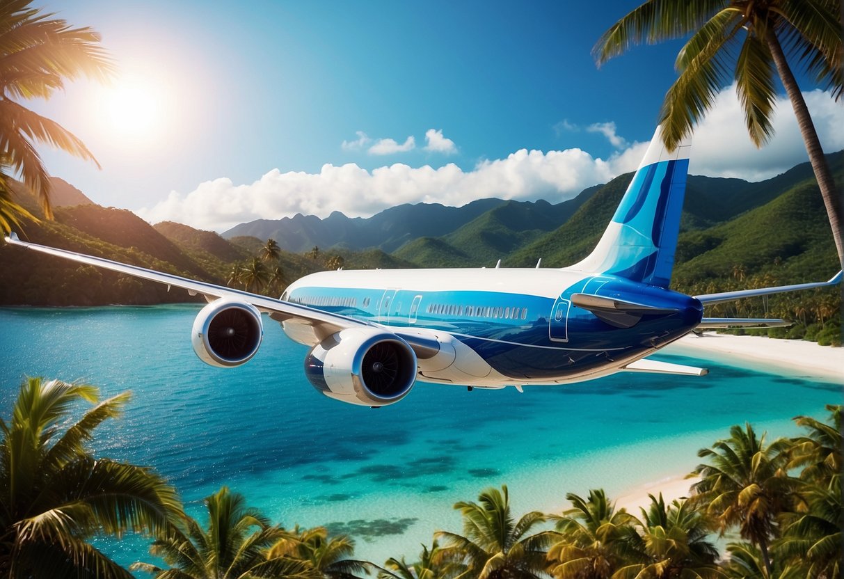A colorful airplane flying over a vibrant tropical landscape with palm trees and crystal-clear blue waters, showcasing the beauty of Oceania