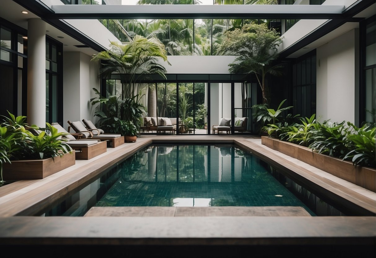 A serene spa with lush greenery, tranquil pools, and luxurious treatment rooms. A peaceful oasis in the heart of Singapore