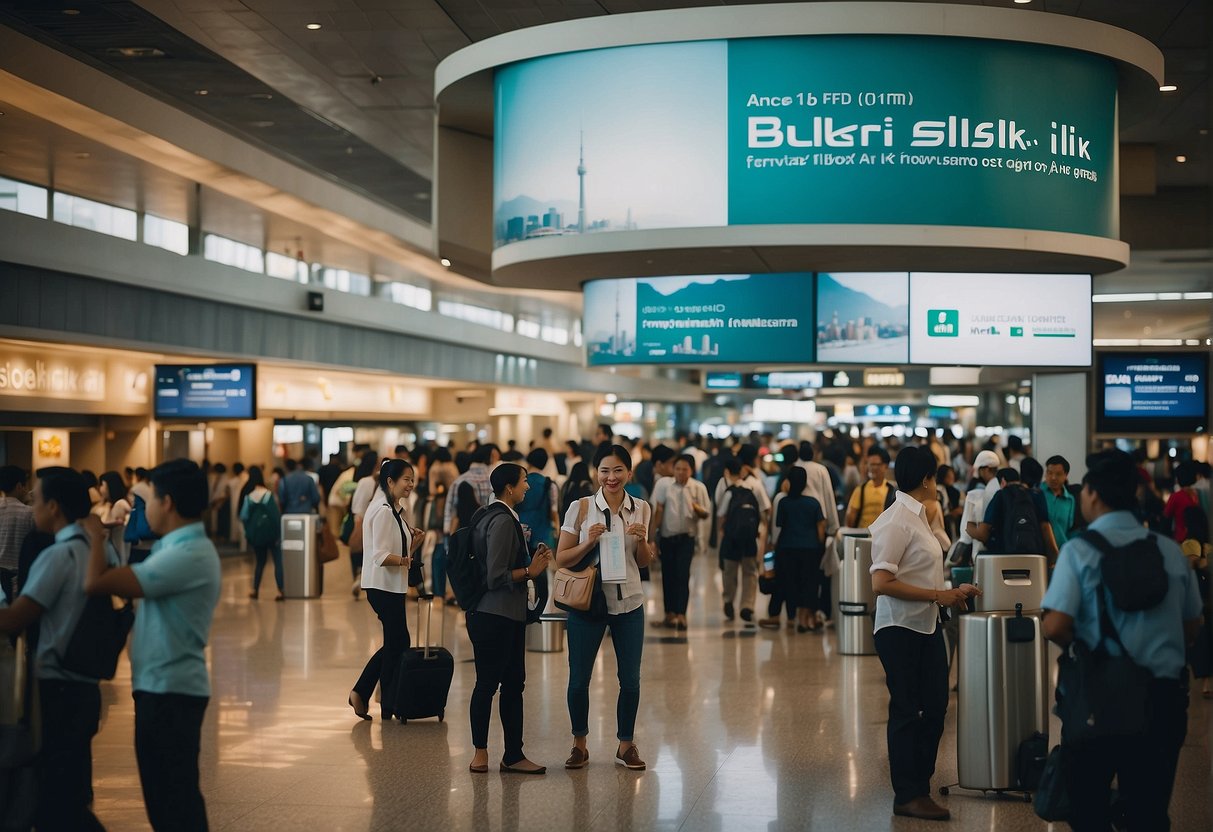 A bustling airport with a SilkAir promotions booth, surrounded by eager travelers seeking information