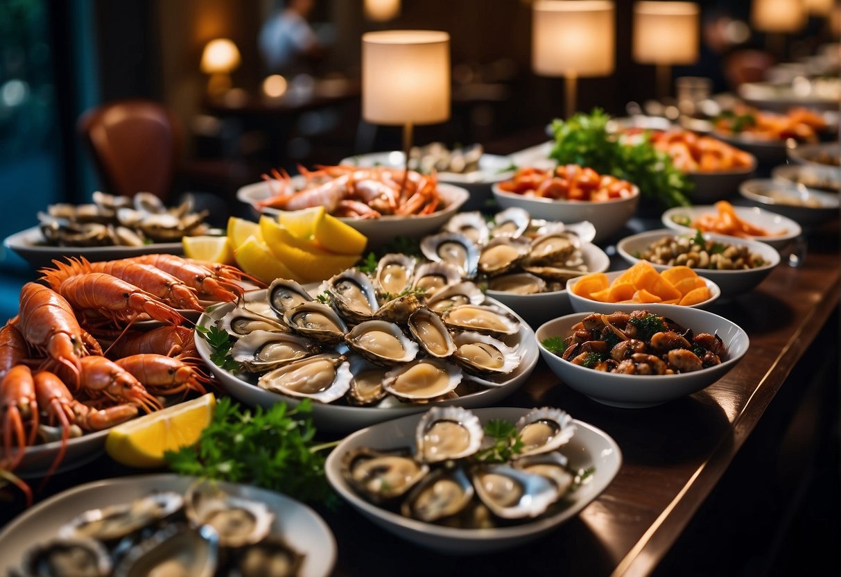 A luxurious seafood buffet spread with exclusive credit card deals in Singapore. Tables adorned with fresh oysters, prawns, and lobsters. Bright lights and elegant decor create a sophisticated dining atmosphere