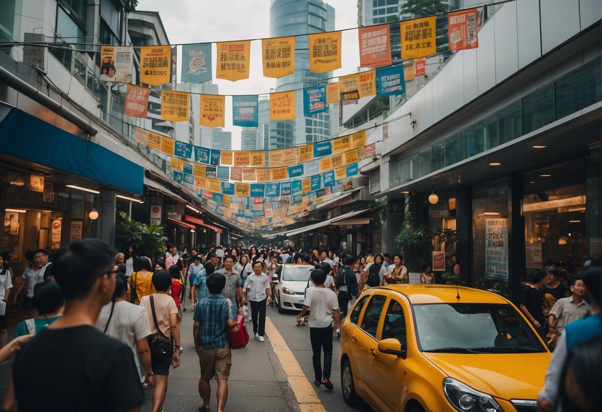 A bustling city street in Singapore, with colorful signs and banners promoting various businesses and events