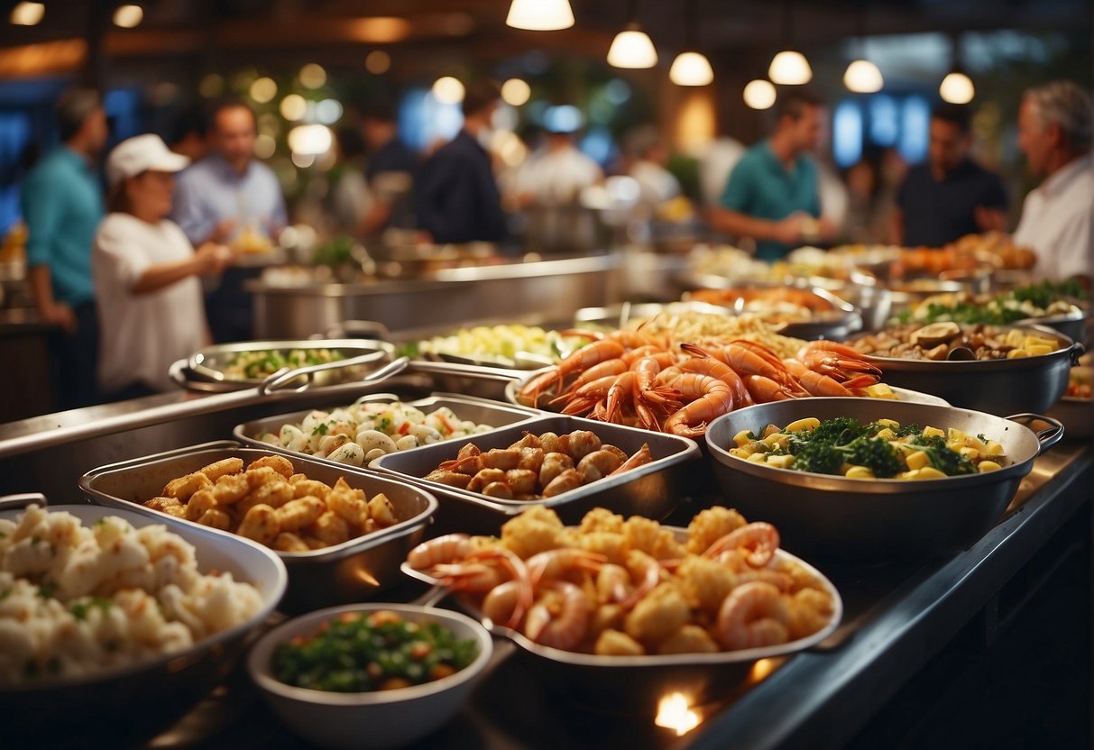 A bustling seafood buffet with colorful signs and happy diners enjoying various dishes in a lively atmosphere