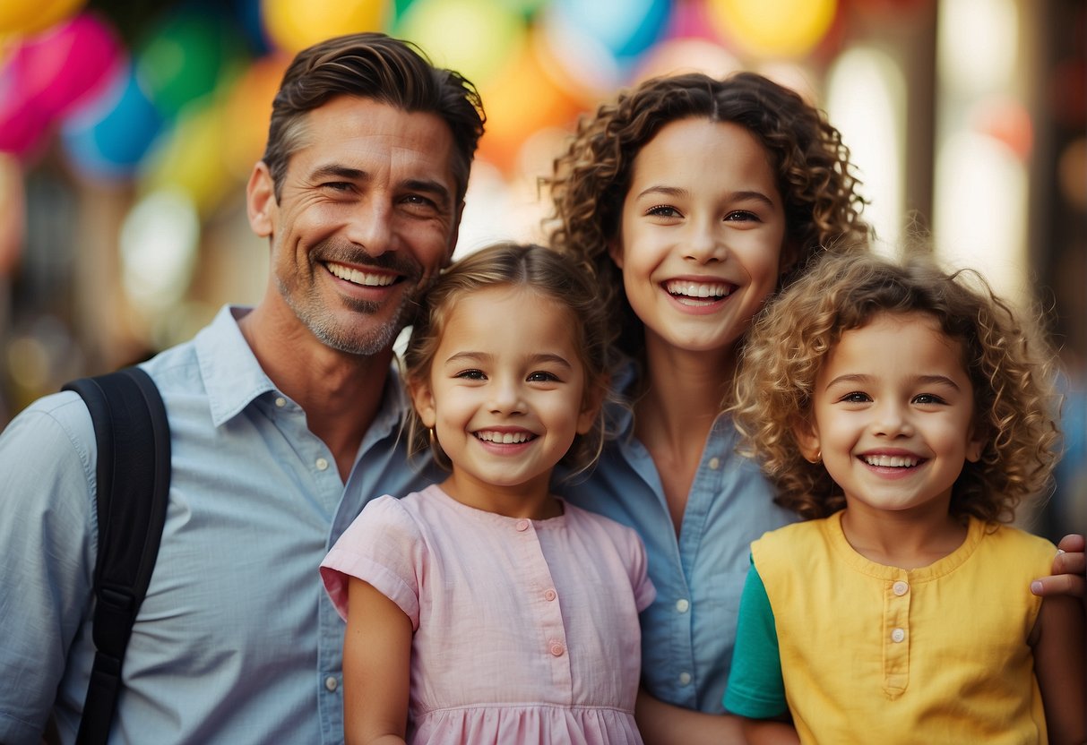 A happy family with children smiling while holding promotional flyers in a colorful, vibrant setting