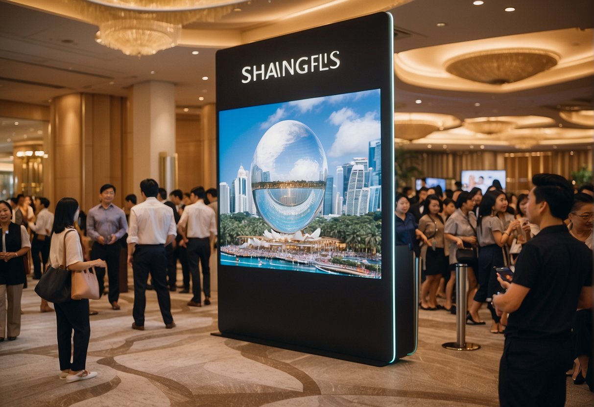 A bustling promotional event at Shangri La, Singapore with people engaging in activities and asking questions at information booths