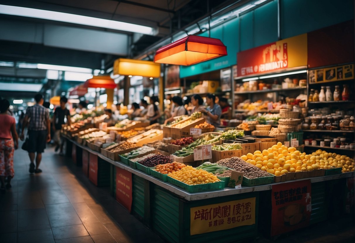 A busy market with colorful promotional signs and various shopping tools on display in Singapore