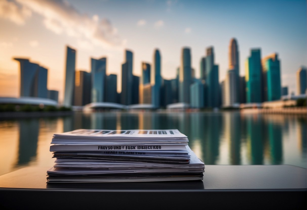 A stack of promotional materials with "Frequently Asked Questions" displayed prominently, set against the backdrop of the Singapore skyline
