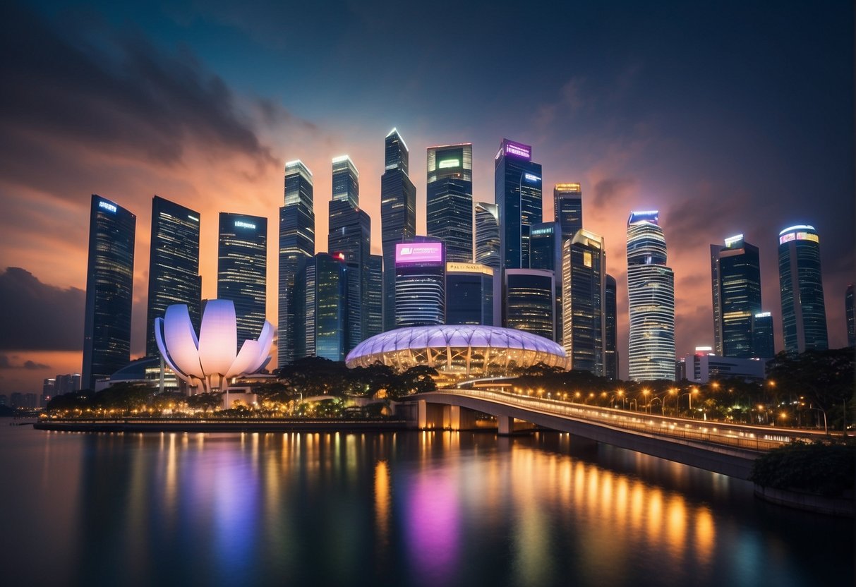 Vibrant cityscape with iconic Singapore landmarks and colorful promotional banners for Nets payment system