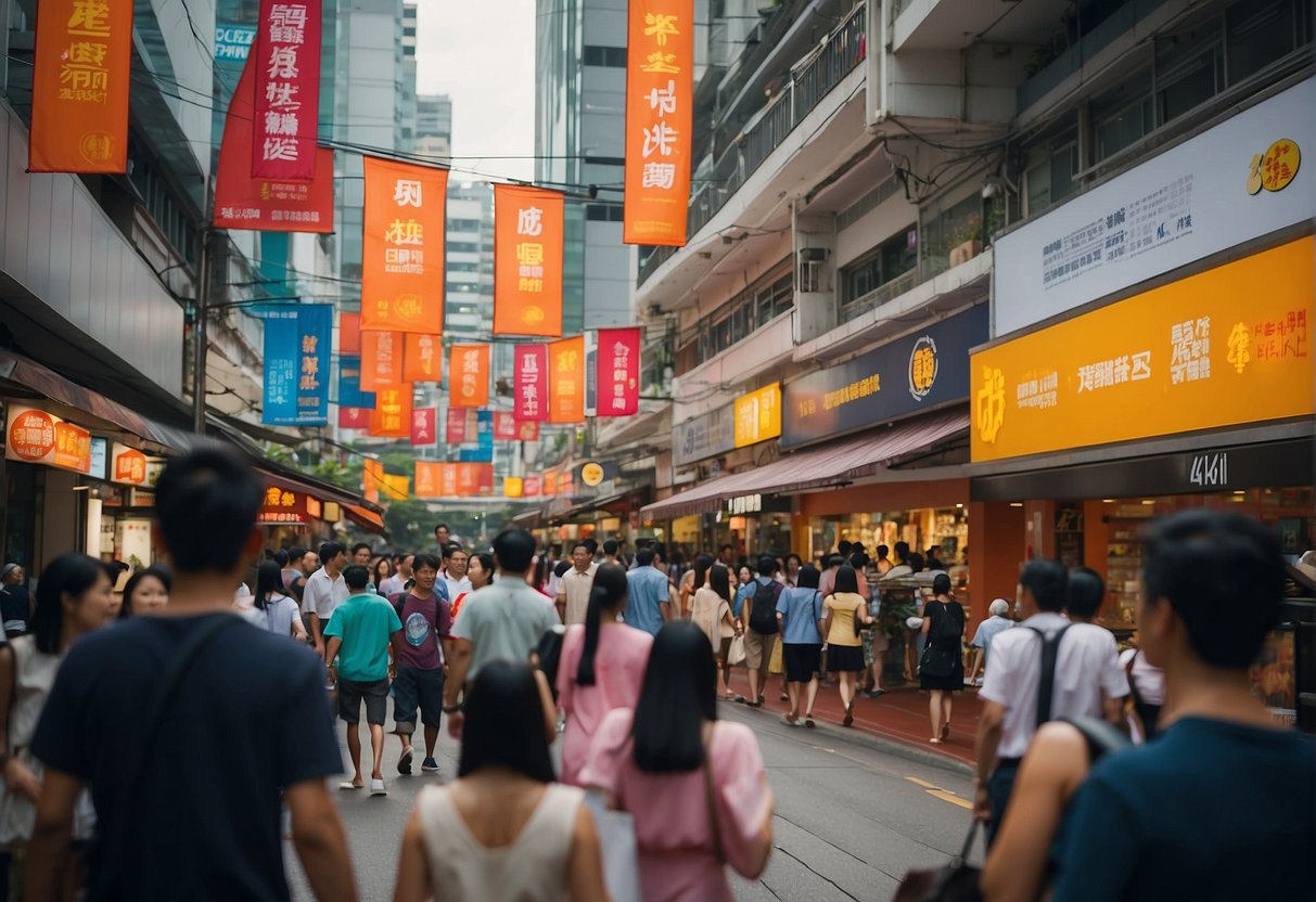 Brightly colored banners and signs promoting current NETS promotions in a busy Singapore shopping district
