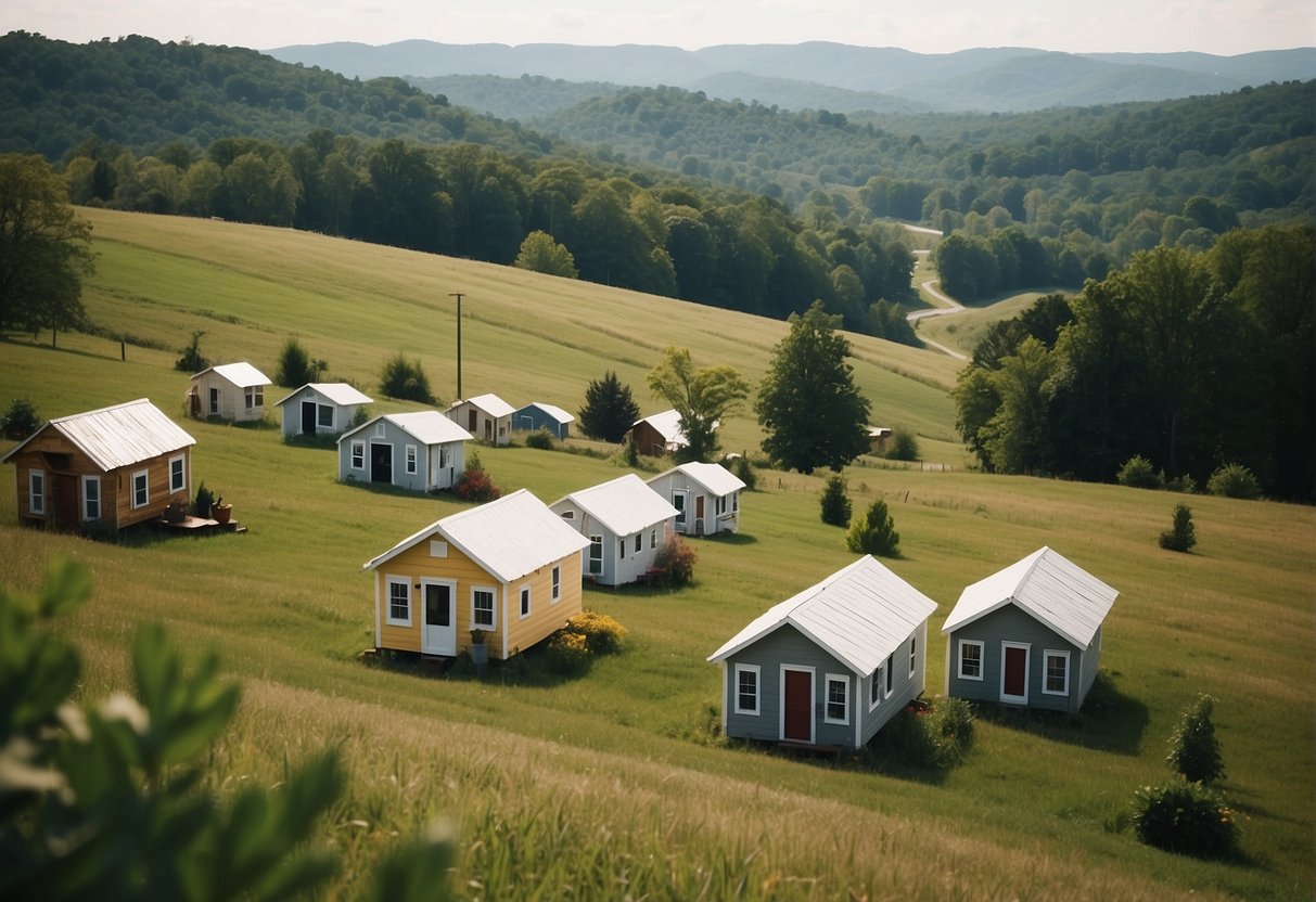 A cluster of tiny houses nestled among rolling hills, with community gardens and a central gathering space, embodying sustainable living in a serene Tennessee county