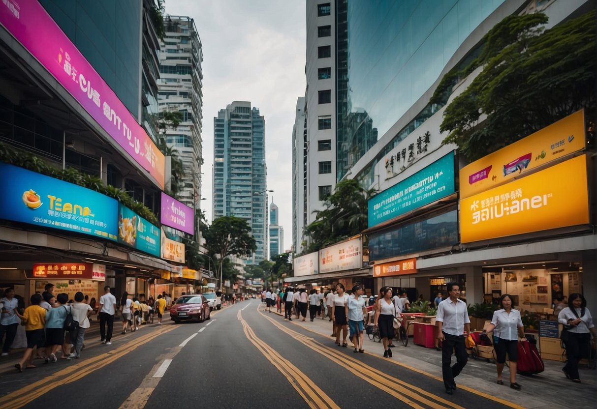 A busy street in Singapore with colorful signs for trainer promotions