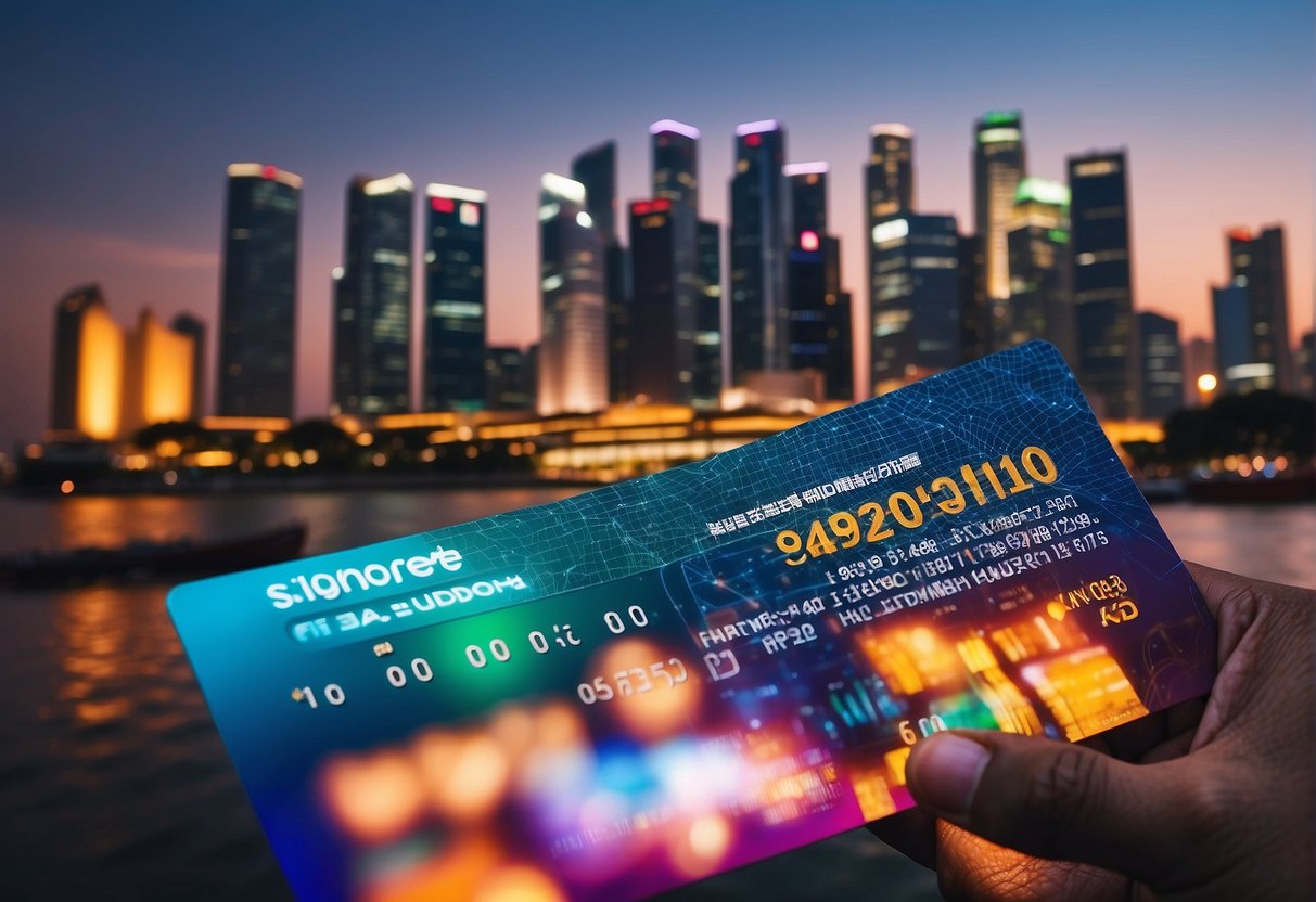 A brightly colored NETS Prepaid Card surrounded by various promotional offers and the iconic Singapore skyline in the background