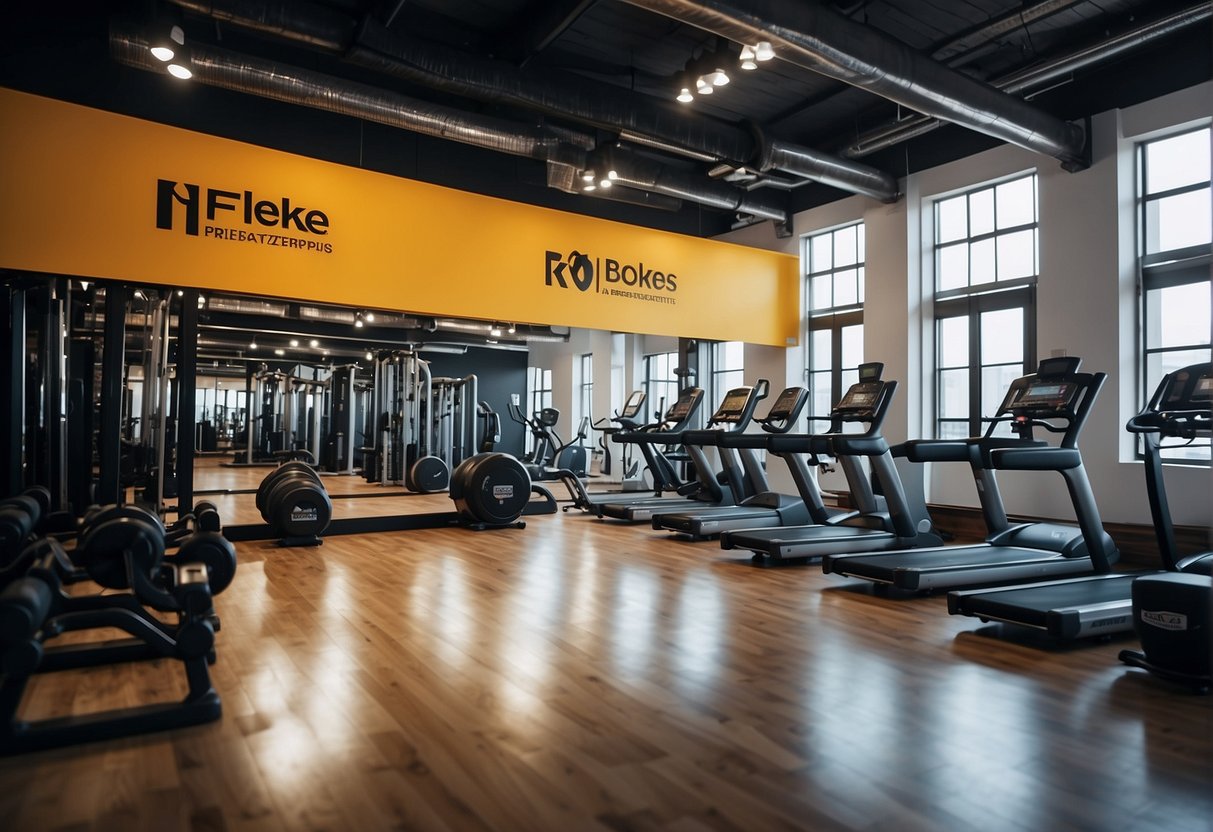 A vibrant gym setting with promotional banners and energetic trainers showcasing various fitness activities