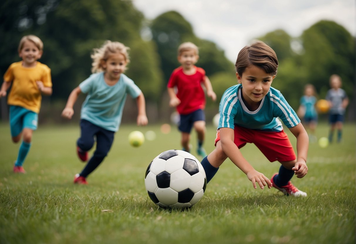 Children playing soccer on a grass field with colorful equipment scattered around. A group of kids are engaged in various activities, such as jumping rope and playing tag