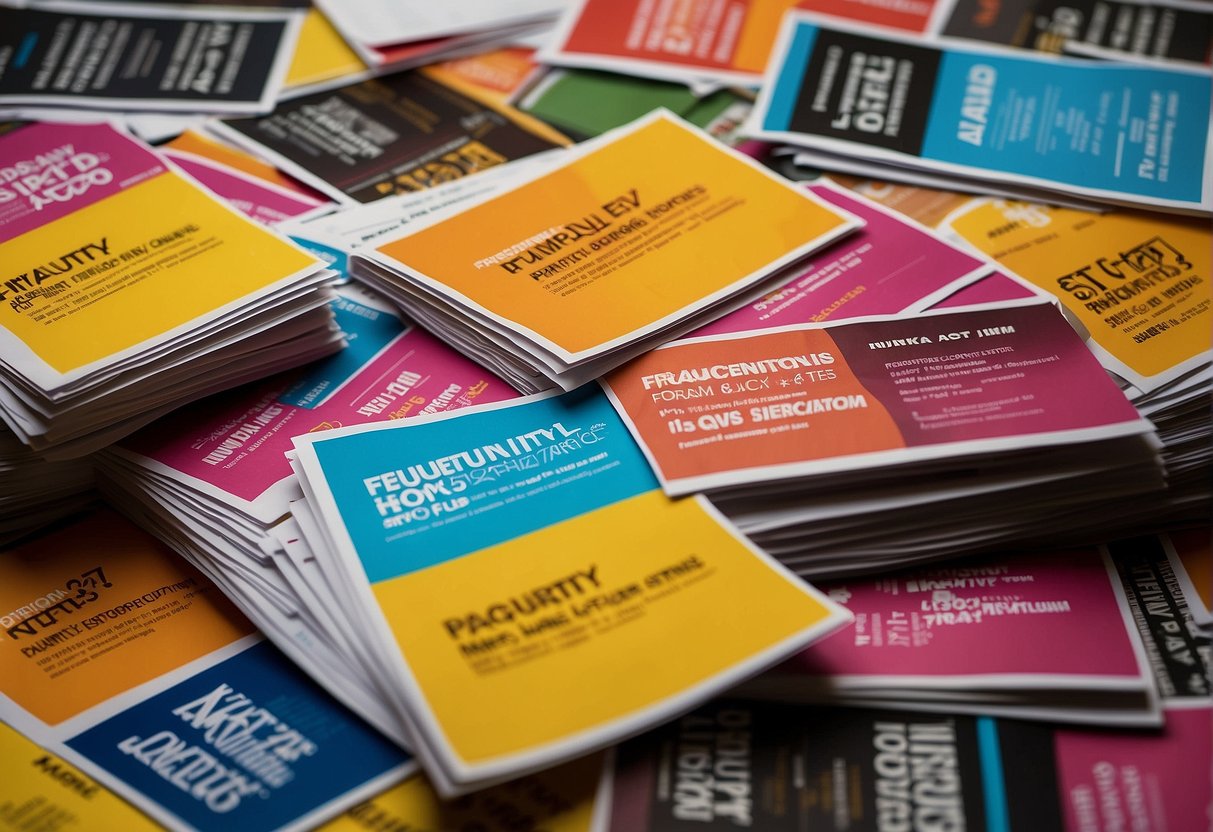 A stack of colorful promotional flyers with the words "Frequently Asked Questions" and "nets promotions singapore" printed on them
