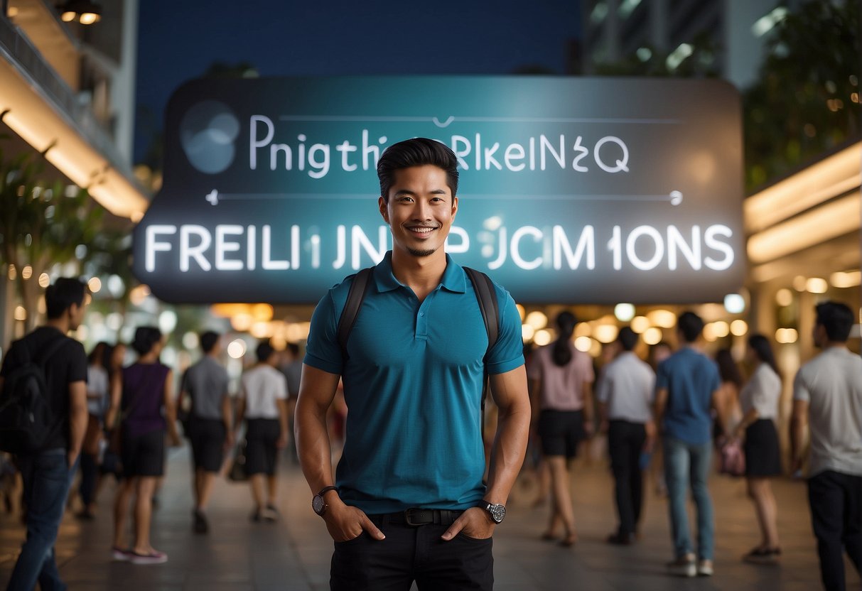 A trainer promoting in Singapore, surrounded by curious onlookers, with a banner displaying "Frequently Asked Questions no 2" prominently