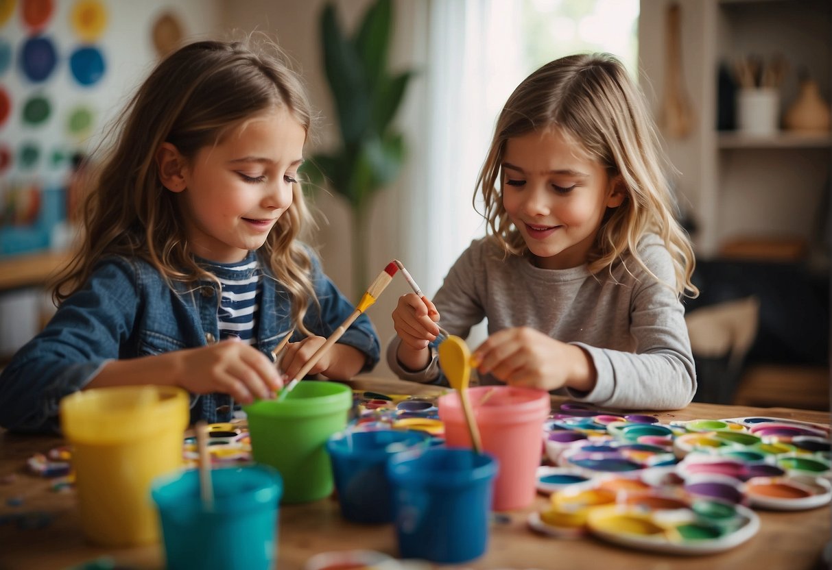 Children painting, crafting, and playing games in a cozy living room filled with colorful art supplies and educational materials