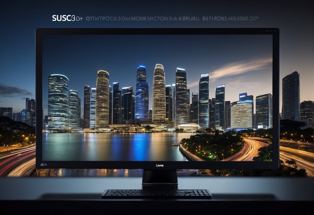 A computer screen displaying "Office 365 Promotions Singapore" with a city skyline in the background