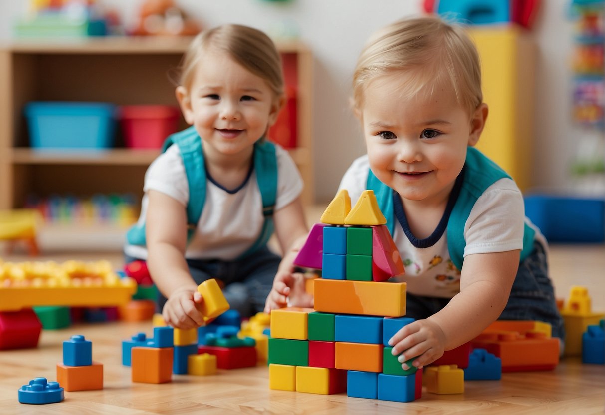 Three-year-olds playing with building blocks, drawing with crayons, and reading books in a colorful playroom