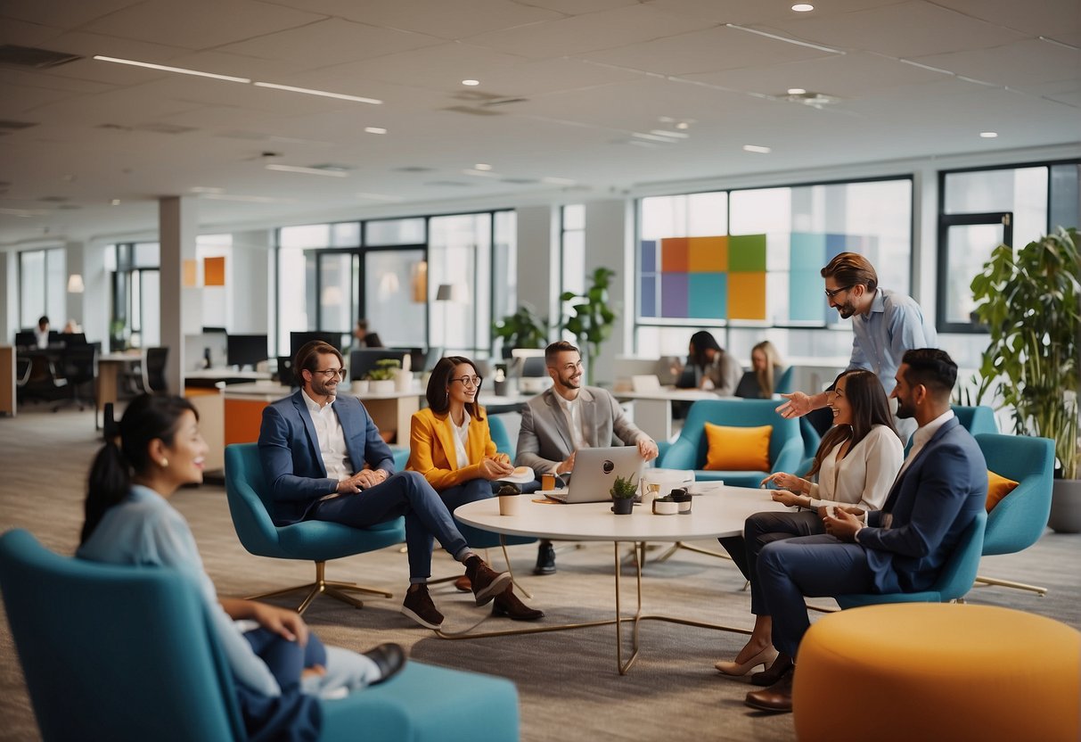A vibrant office setting with people interacting, surrounded by Microsoft 365 promotional materials