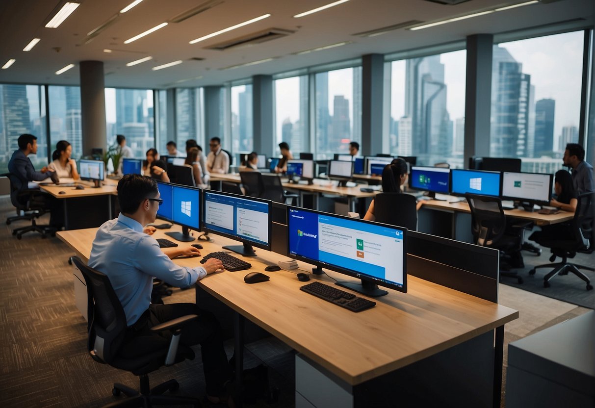 A bustling office setting with employees engaging with Microsoft 365 software, surrounded by promotional materials and signage in a vibrant Singaporean backdrop