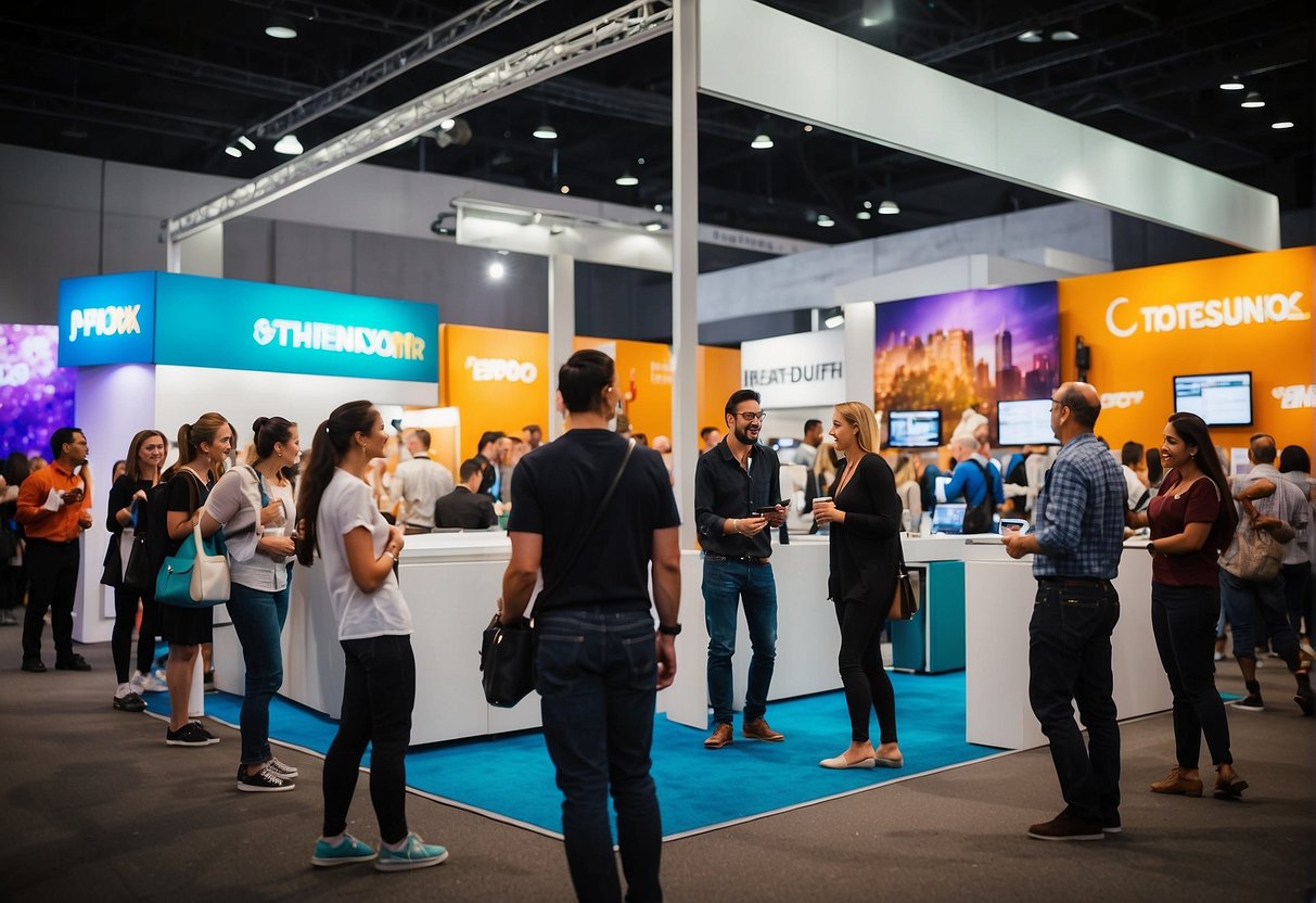 Vibrant expo booth with colorful banners, interactive displays, and enthusiastic staff engaging with visitors