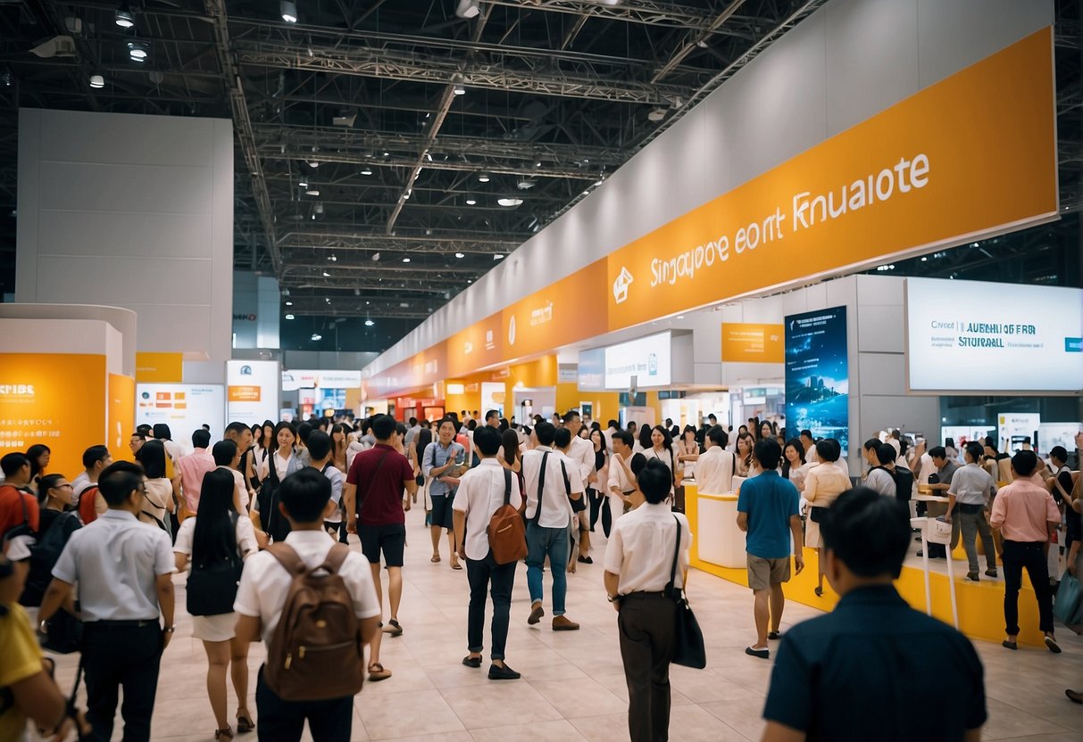 Brightly lit Singapore Expo hall with colorful banners and promotional displays. Crowd of people browsing booths and engaging with enthusiastic sales staff