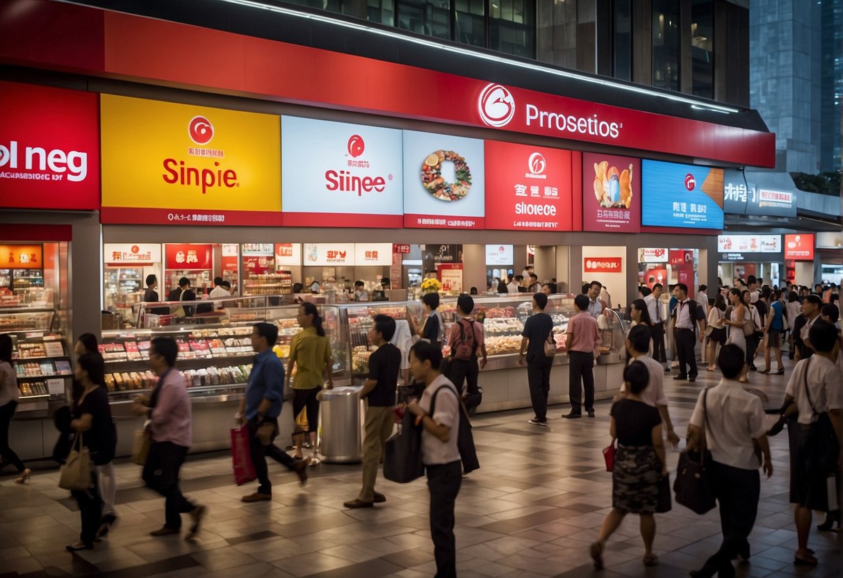 A colorful display of Sinopec promotions in Singapore, featuring eye-catching signage and a bustling crowd of shoppers