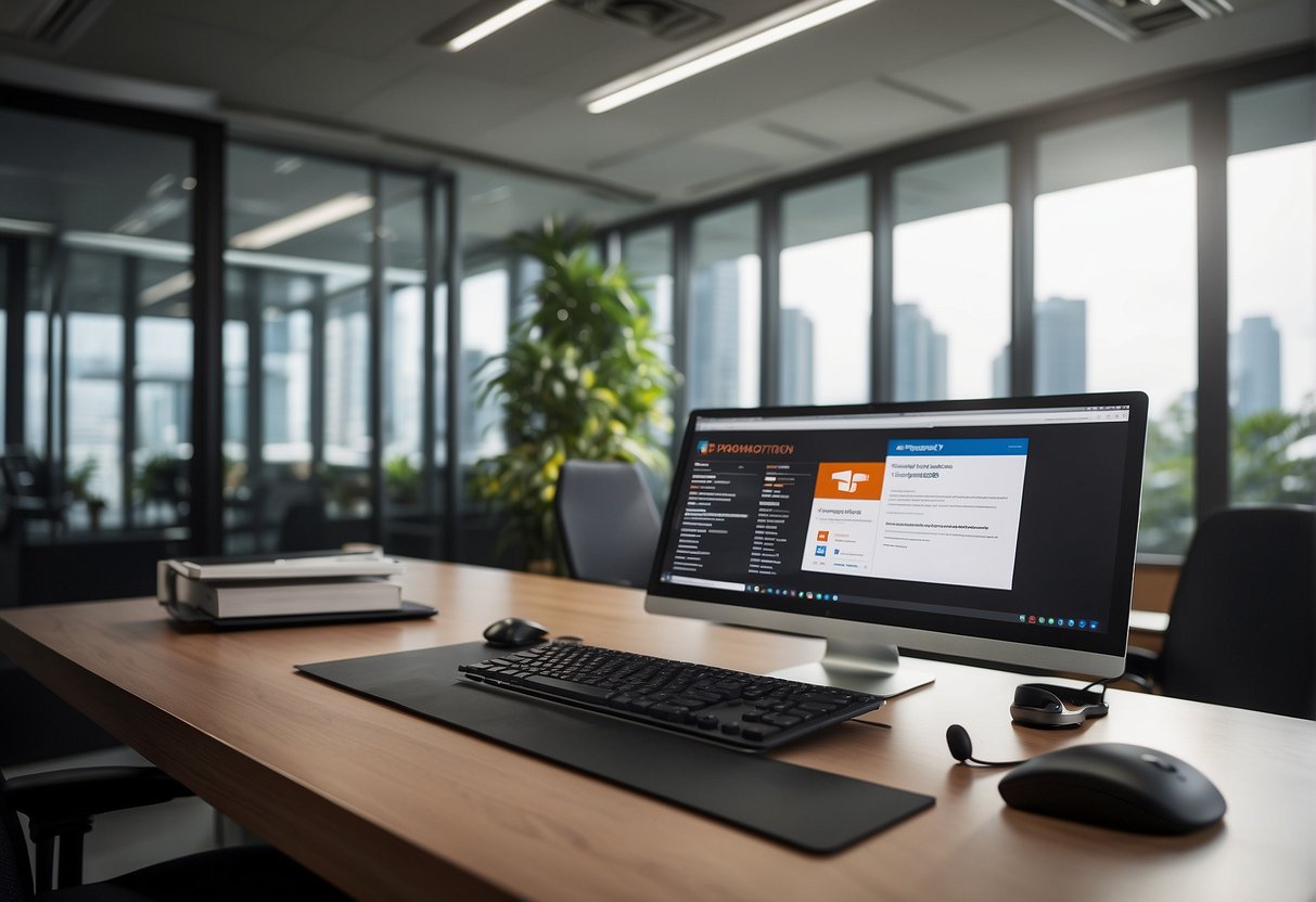 An office setting with a computer displaying "Frequently Asked Questions" about Office 365 promotions in Singapore. A desk with promotional materials and a logo in the background