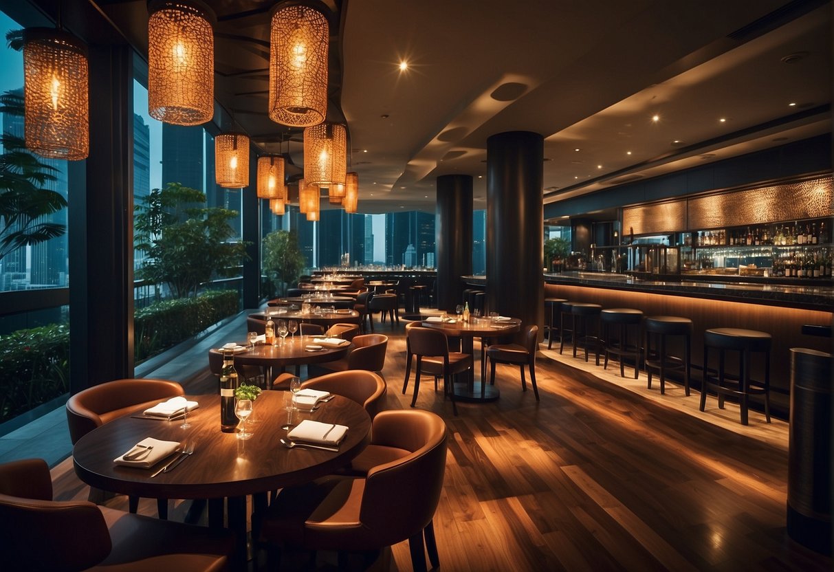 The bustling atmosphere of Opus Bar and Grill in Singapore, with vibrant promotional materials and sizzling grills, creates an inviting and lively dining experience
