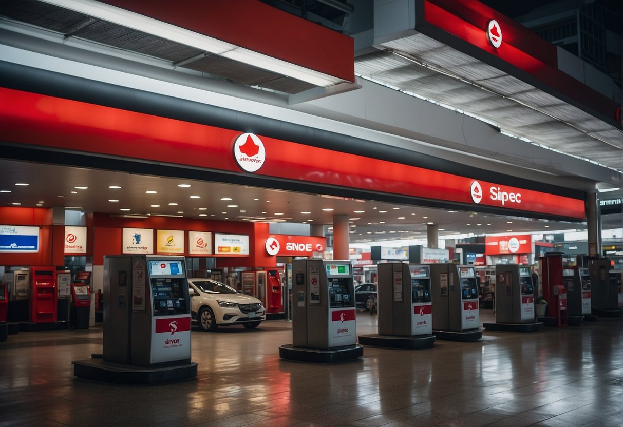Sinopec logos displayed at busy Singapore petrol stations. Bright, colorful banners promote special deals and discounts