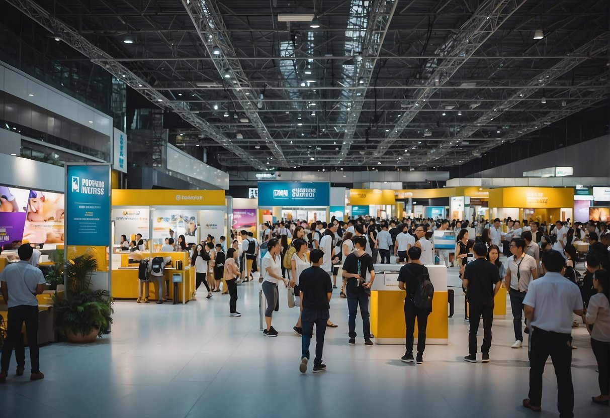 A bustling expo hall with colorful banners and promotional displays, showcasing upcoming events and exhibitions in Singapore. The atmosphere is lively and energetic, with visitors eagerly exploring the various booths