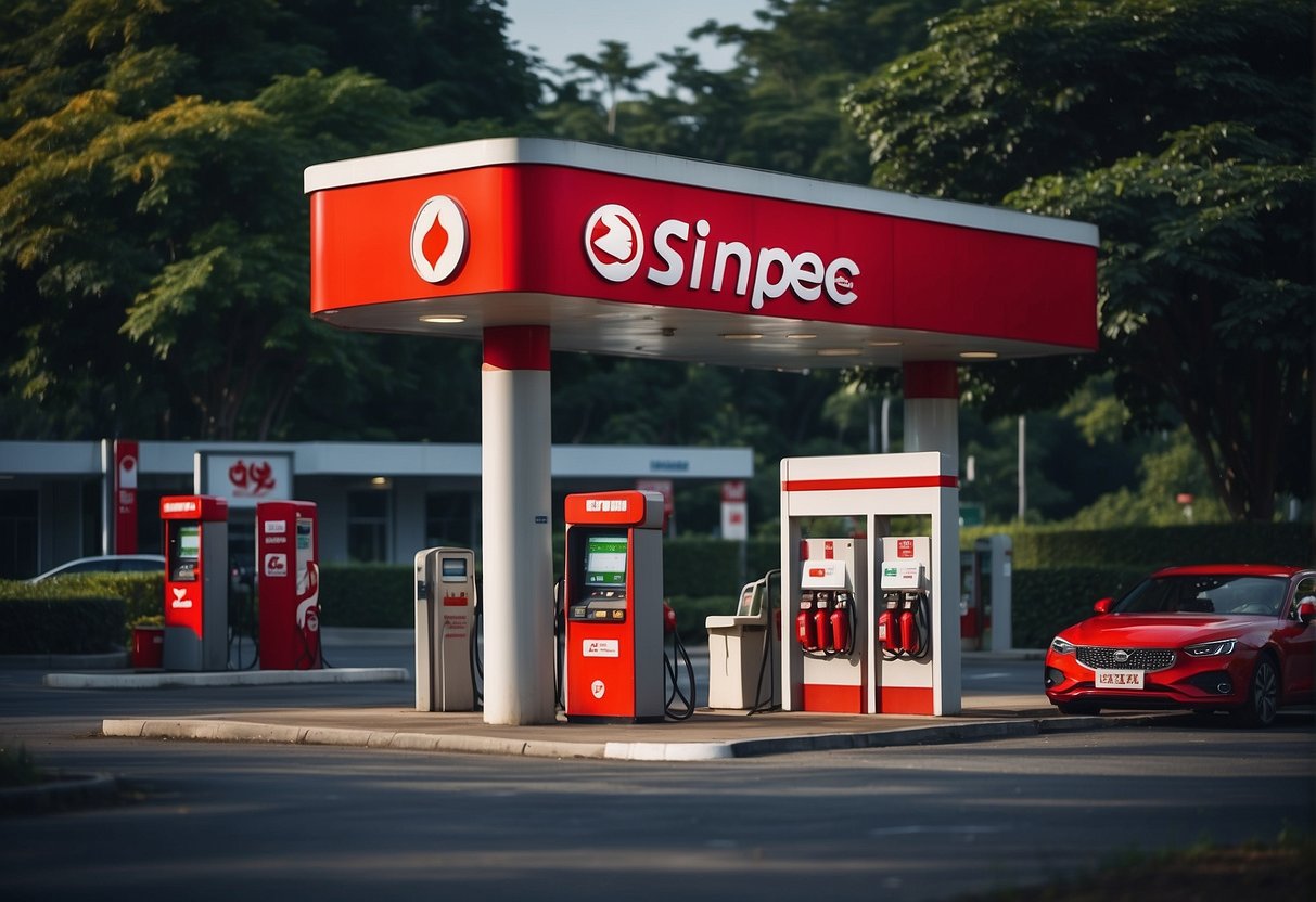 A Sinopec service station with bright signage, clean fuel pumps, a convenience store, and a car wash area. The station is surrounded by well-maintained landscaping and has a steady flow of customers