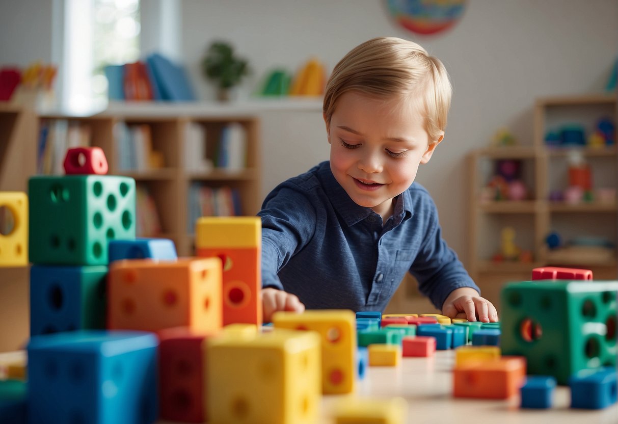 Children playing with colorful blocks, drawing with crayons, and reading books in a bright, spacious room