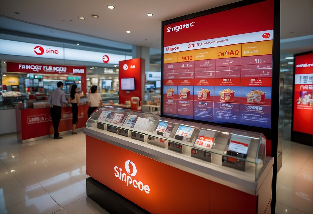A colorful promotional display with Sinopec branding and FAQ information in a busy Singapore setting