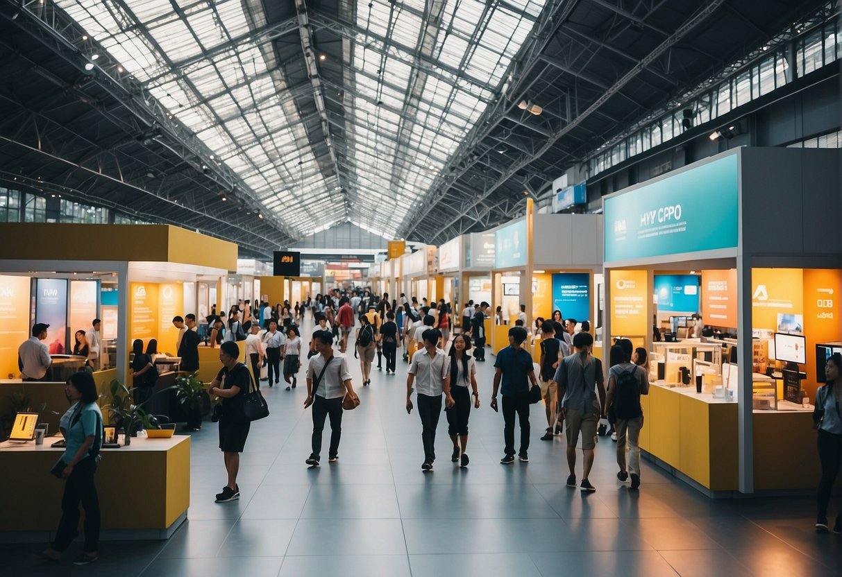 A bustling expo hall with vibrant promotional booths and engaged attendees in Singapore