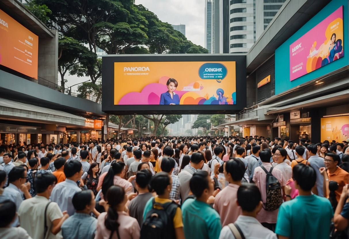 A bustling city street with colorful billboards and a crowd of people, showcasing the vibrant energy of Pandora promotions in Singapore