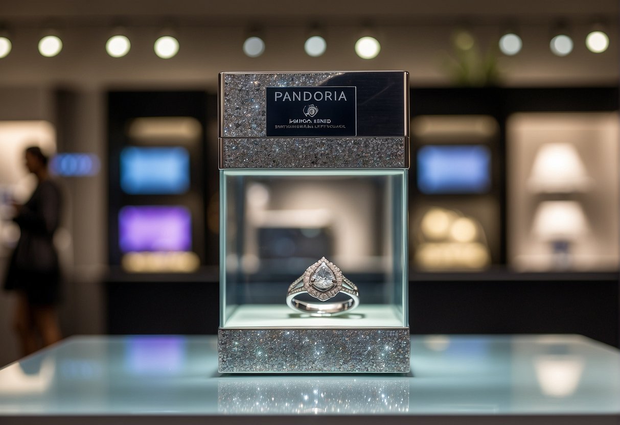 Pandora's latest promotion features sparkling jewelry displayed on a sleek, modern showcase with bright, eye-catching signage