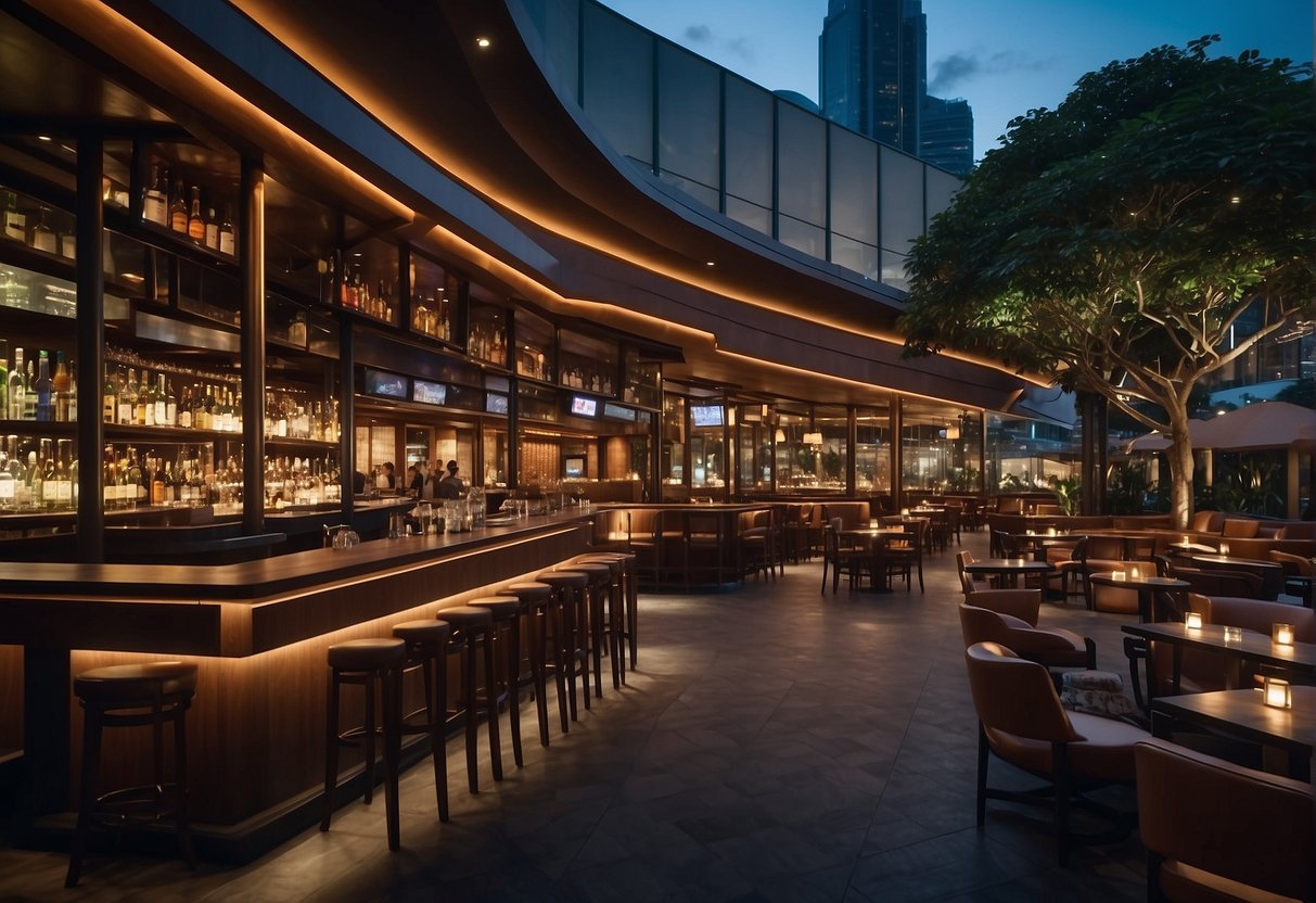 The bustling opus bar and grill in Singapore, with vibrant promotional displays and a crowd of curious patrons