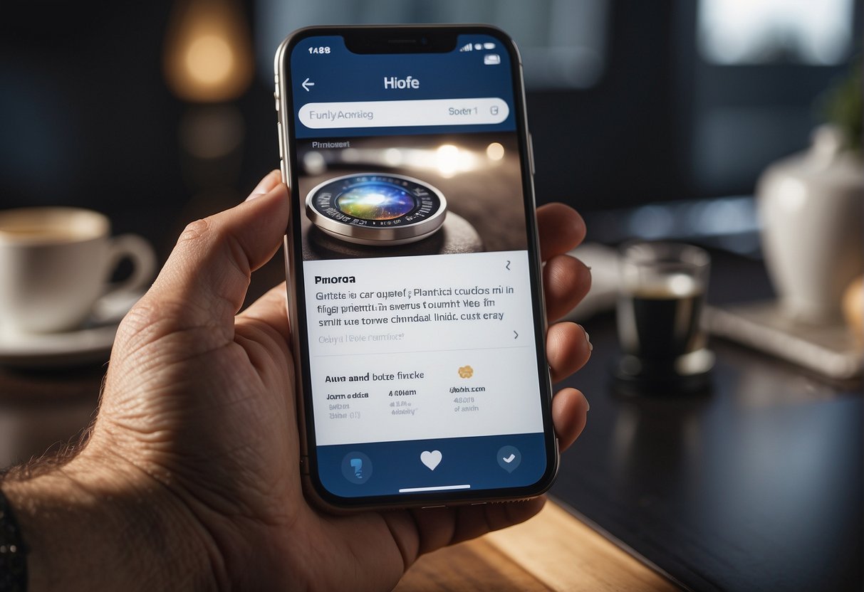 A hand holding a smartphone with the Pandora app open, while a magnifying glass hovers over the Privacy Policy section