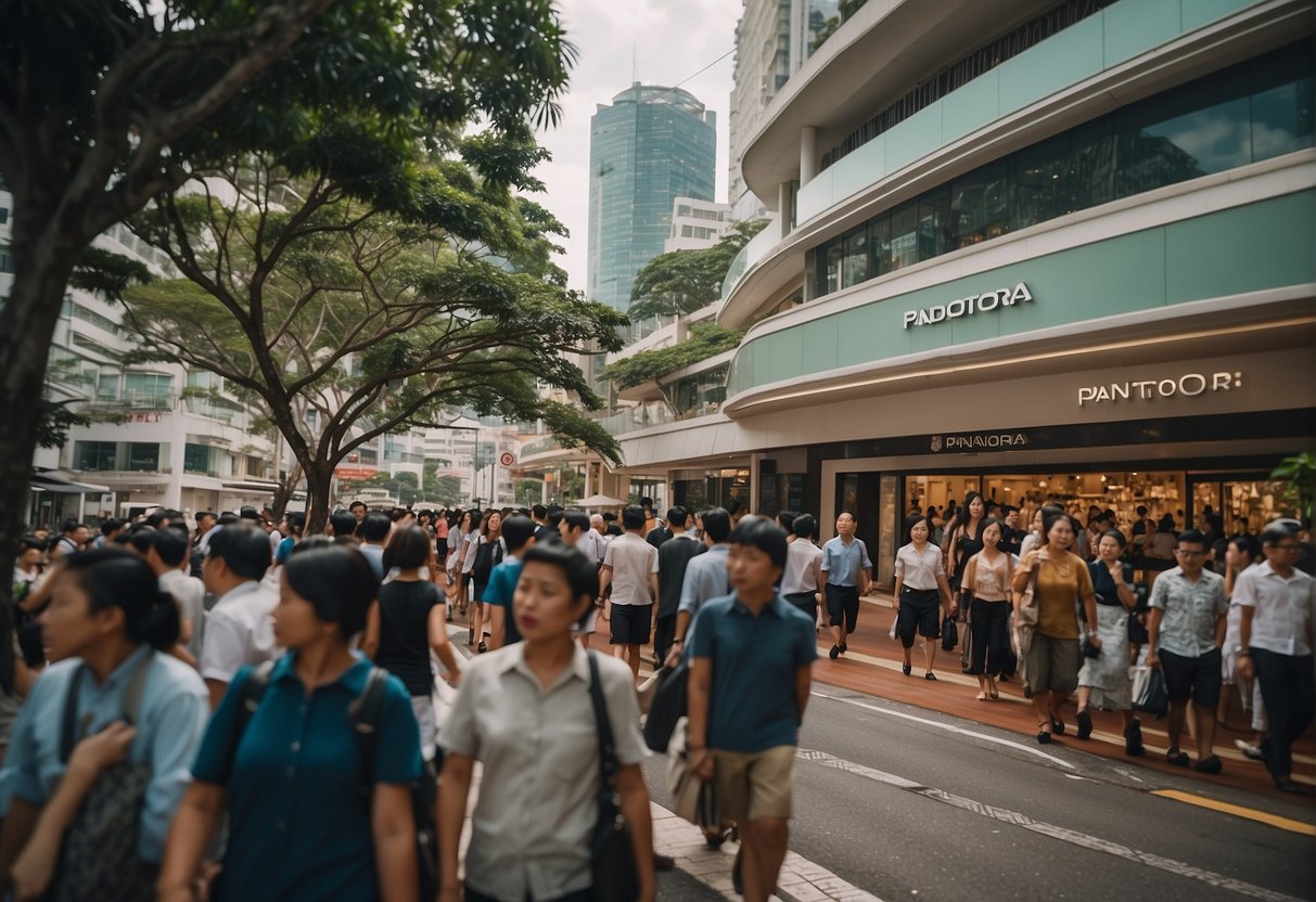 A bustling Singapore street with a prominent Pandora store, adorned with eye-catching promotions and a crowd of curious onlookers