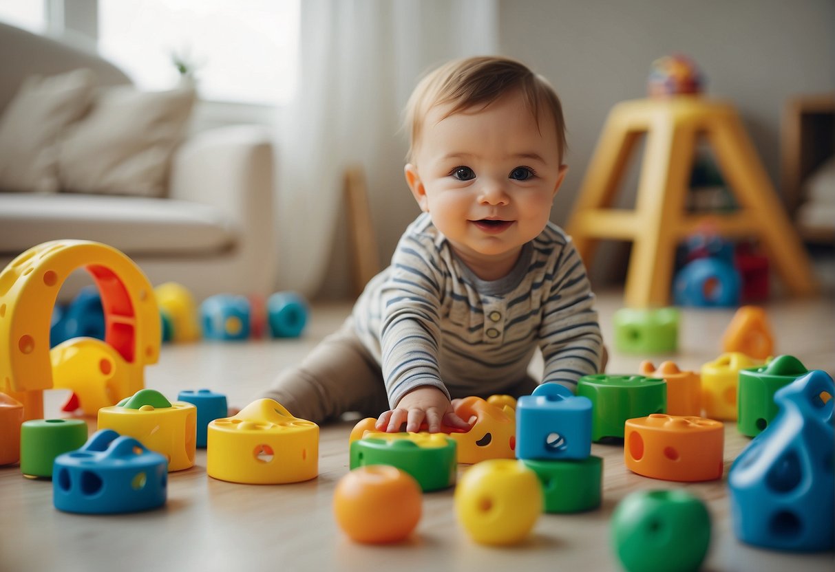 Infants playing with colorful toys and exploring their surroundings in a bright, spacious room