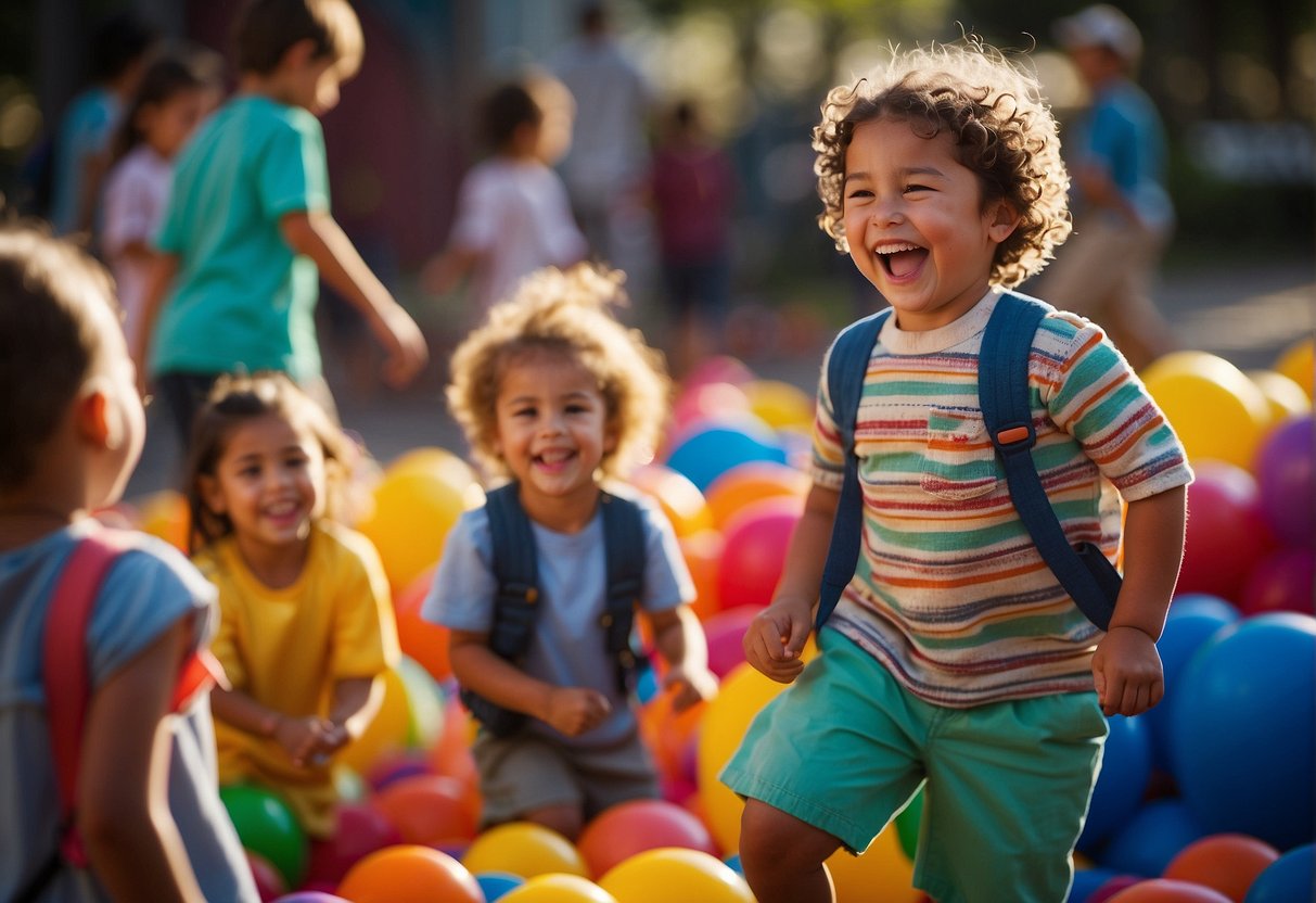 Children laughing and playing together in a colorful and interactive environment, engaging in activities that promote social and emotional development