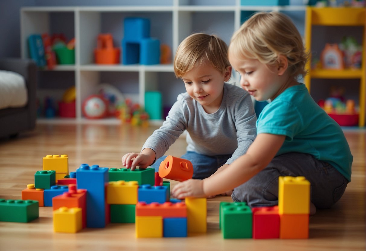 Children building with blocks, painting, and playing with sensory materials in a bright and colorful playroom