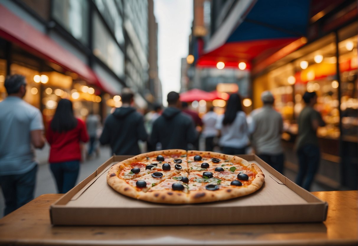 A colorful pizza box surrounded by vibrant promotional signs and excited customers
