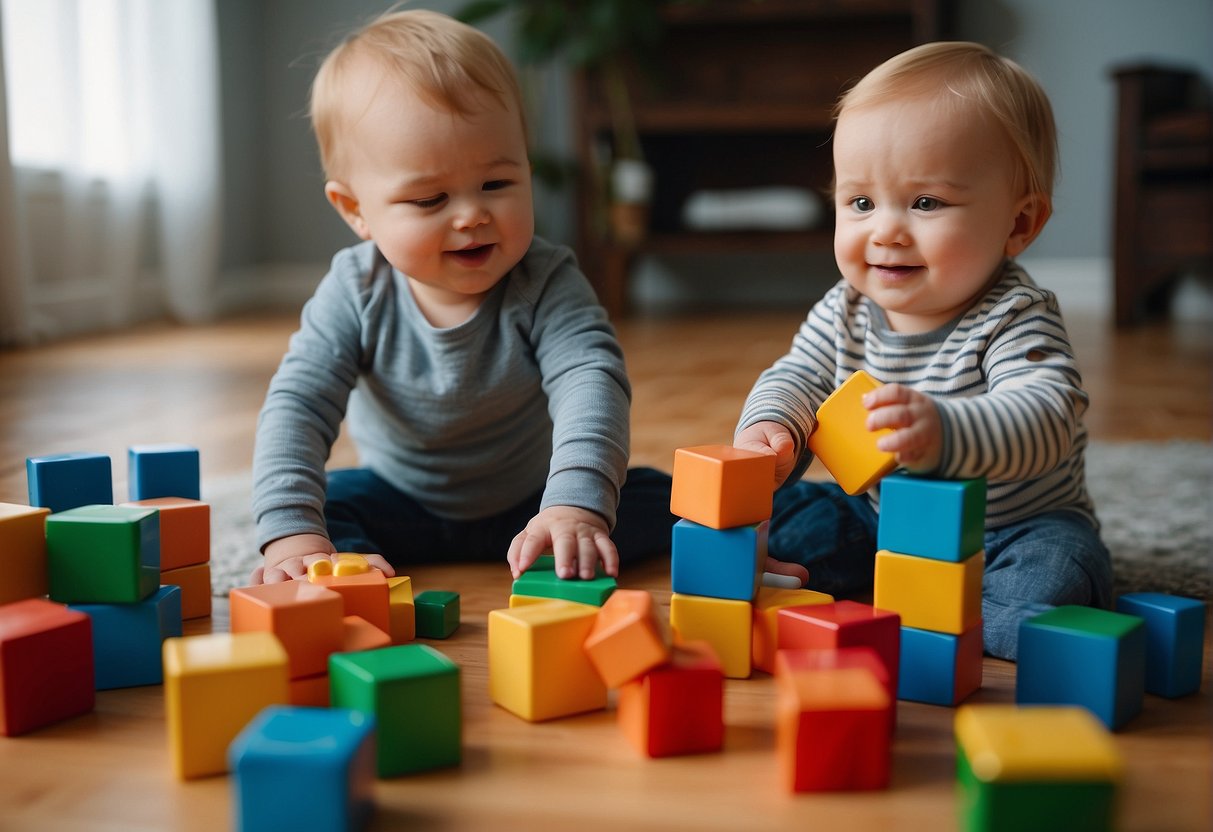 A 15-month-old playing with colorful blocks, stacking and knocking them down. A parent reading a board book to the child, who is pointing at pictures and babbling