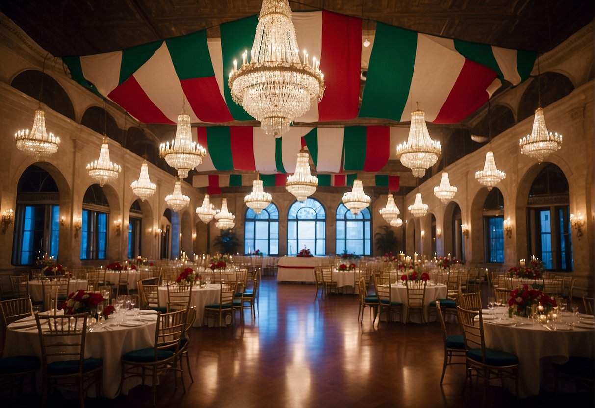A grand ballroom adorned with Italian flags, vibrant floral arrangements, and elegant Venetian masks. Tables draped in red, green, and white linens, with sparkling chandeliers overhead. A live band playing traditional Italian music, and guests enjoying