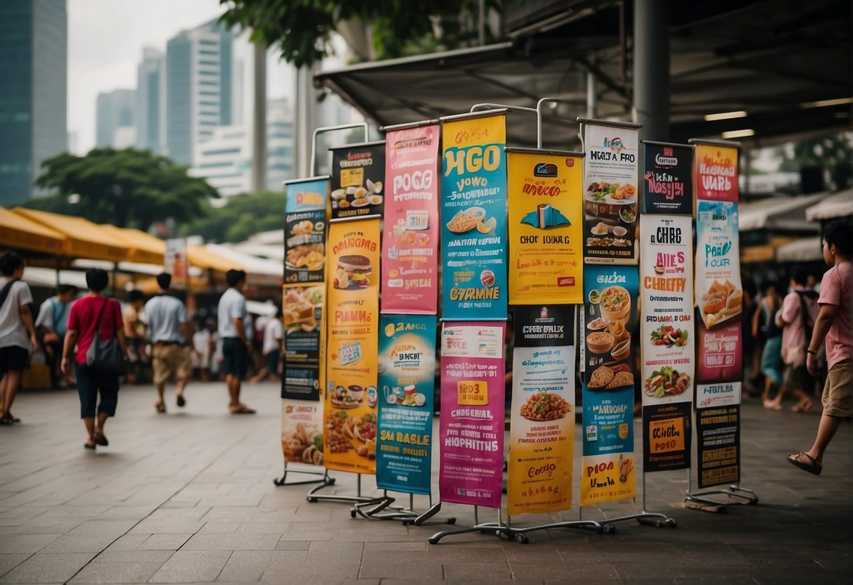 Colorful banners and signs adorn a bustling market square, showcasing ongoing promotions for Pogo in Singapore. Crowds gather around, drawn in by the exciting offers