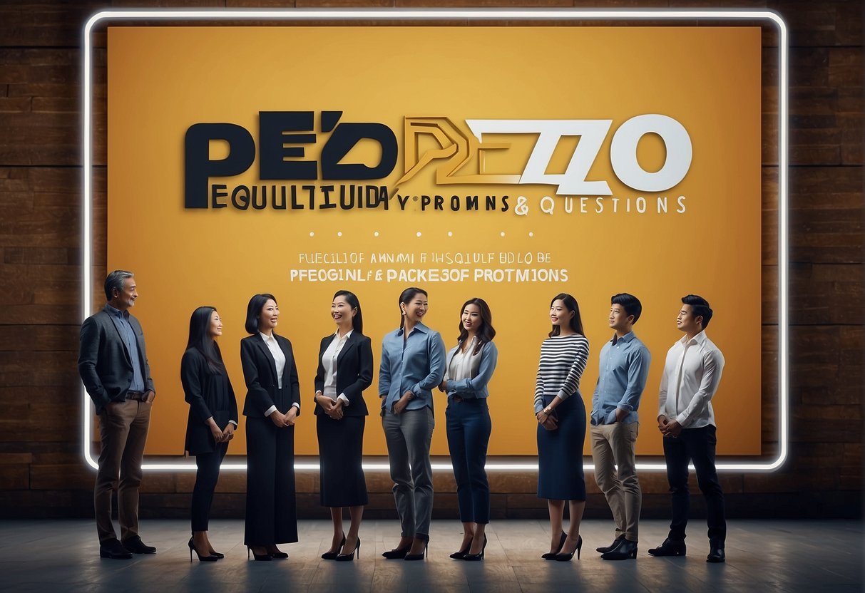 A group of people standing in front of a promotional banner with the words "Frequently Asked Questions" and the logo of Pezzo Promotions Singapore